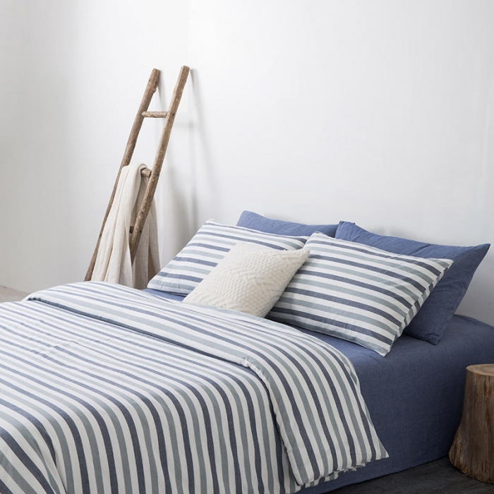 91家纺网 家纺一手货源 找家纺 全棉无印色织水洗棉四件套良品纯棉日式宿舍学生三件套 蓝三色条