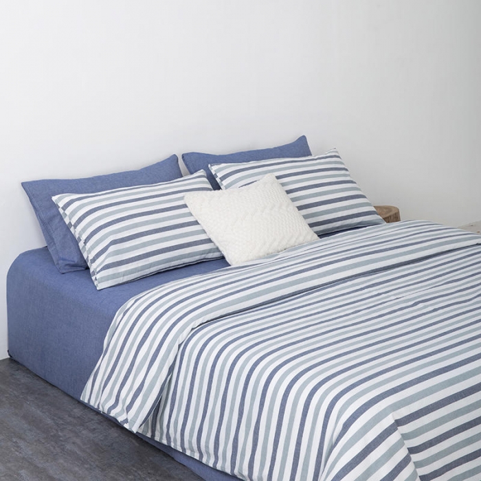 91家纺网 家纺一手货源 找家纺 全棉无印色织水洗棉四件套良品纯棉日式宿舍学生三件套 蓝三色条