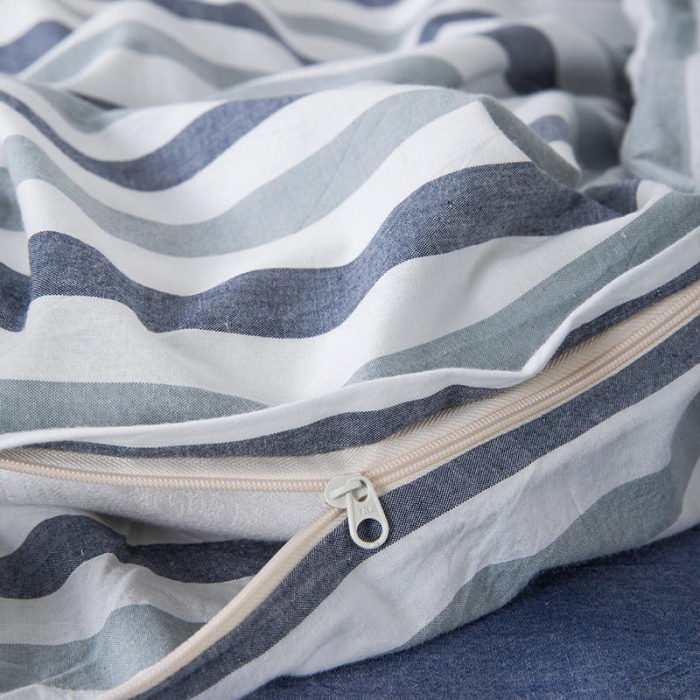 91家纺网 家纺一手货源 找家纺 全棉无印色织水洗棉四件套良品纯棉日式宿舍学生三件套 蓝三色条