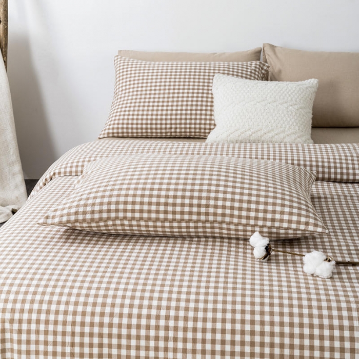 91家纺网 家纺一手货源 找家纺 全棉无印色织水洗棉四件套良品纯棉日式简约宿舍学生三件套米小格