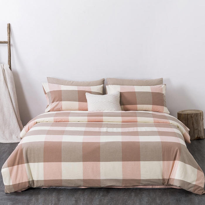 91家纺网 家纺一手货源 找家纺 全棉无印色织水洗棉四件套良品纯棉日式宿舍学生三件套 蜜粉大格