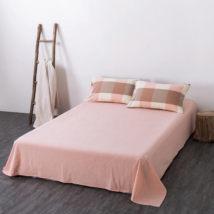 91家纺网 家纺一手货源 找家纺 全棉无印色织水洗棉四件套良品纯棉日式宿舍学生三件套 蜜粉大格