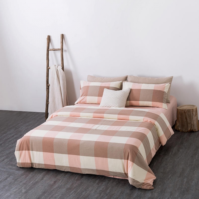 91家纺网 家纺一手货源 找家纺 全棉无印色织水洗棉四件套良品纯棉日式宿舍学生三件套 蜜粉大格