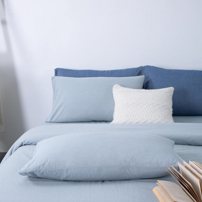 91家纺网 家纺一手货源 找家纺 全棉无印色织水洗棉四件套良品纯棉日式简约宿舍学生三件套 浅蓝