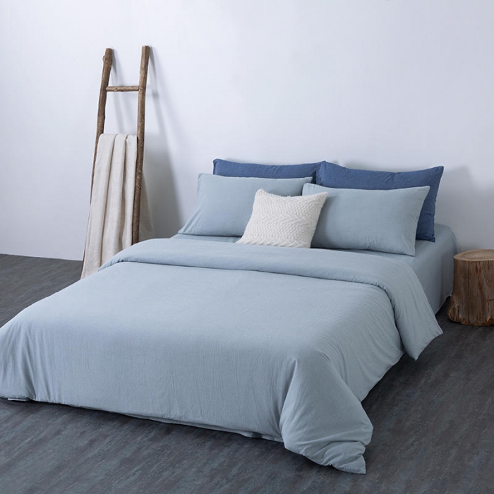 91家纺网 家纺一手货源 找家纺 全棉无印色织水洗棉四件套良品纯棉日式简约宿舍学生三件套 浅蓝