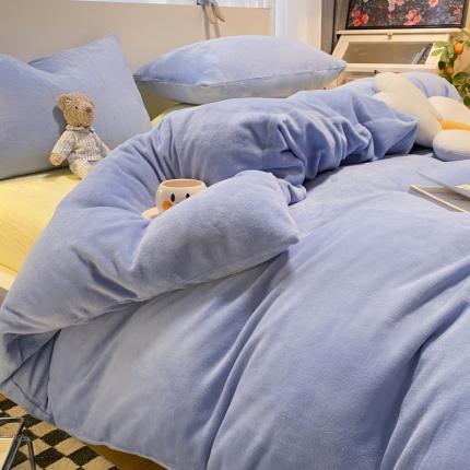 91家纺网 家纺一手货源 找家纺 盼季家纺 2022新款牛奶绒小清新格子纯色系列四件套 雾蓝混搭