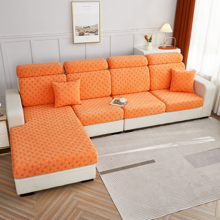 91家纺网 家纺一手货源 找家纺 逐日沙发套 2023新款提花绒-织艺系列沙发笠 织艺-桔黄