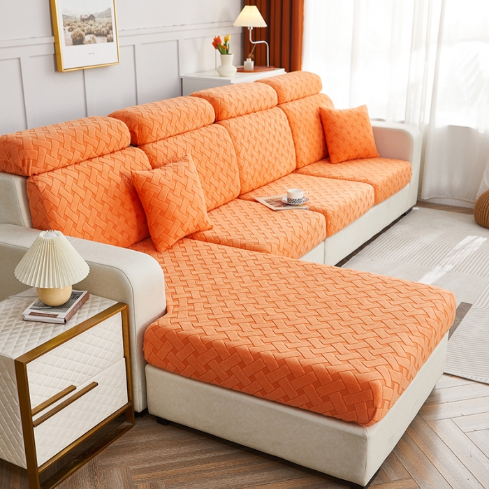 91家纺网 家纺一手货源 找家纺 逐日沙发套 2023新款提花绒-织艺系列沙发笠 织艺-桔黄