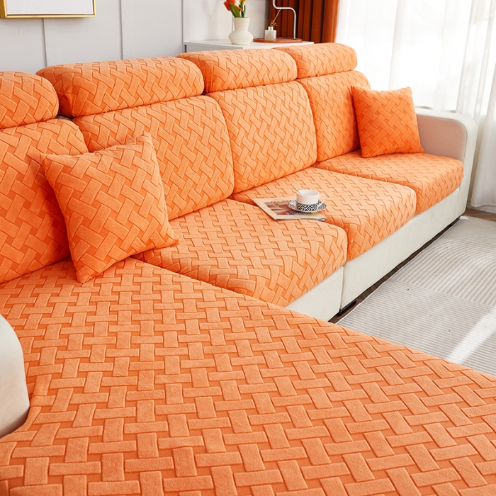 91家纺网 家纺一手货源 找家纺 逐日沙发套 2023新款提花绒-织艺系列沙发笠 织艺-桔黄