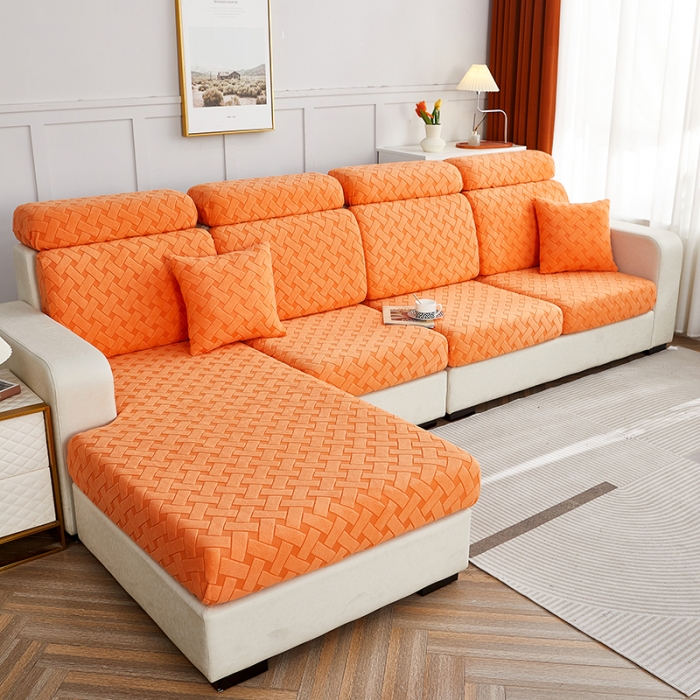 91家纺网 家纺一手货源 找家纺 逐日沙发套 2023新款提花绒-织艺系列沙发笠 织艺-桔黄