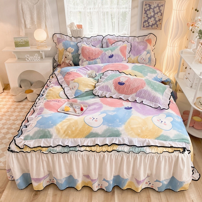 91家纺网 家纺一手货源 找家纺 金盛皇朝2025新款加厚亲肤床裙夹棉单件三件套四件套 爱心兔