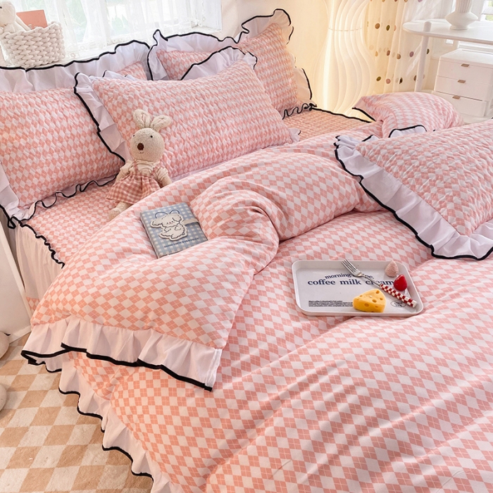 91家纺网 家纺一手货源 找家纺 金盛皇朝2025新款加厚亲肤床裙夹棉单件三件套四件套 菱形格