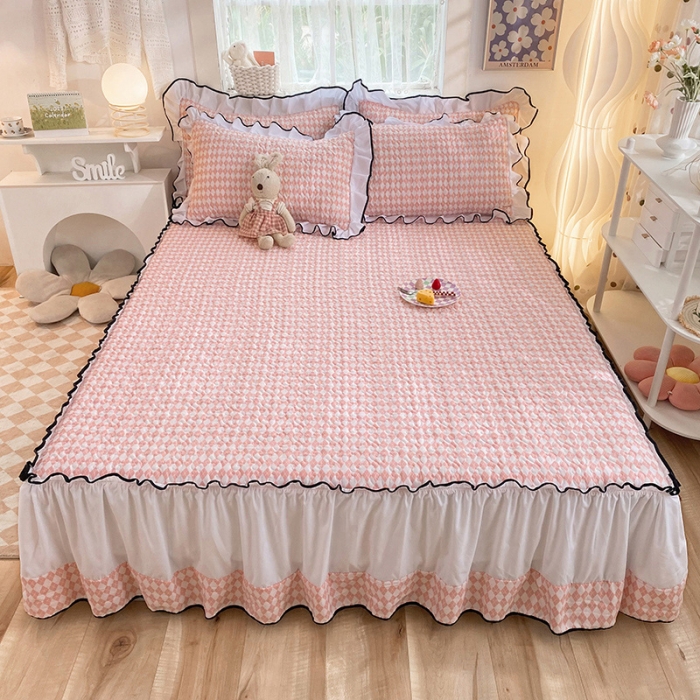 91家纺网 家纺一手货源 找家纺 金盛皇朝2025新款加厚亲肤床裙夹棉单件三件套四件套 菱形格