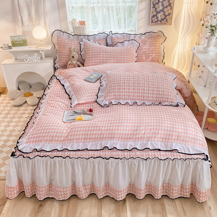 91家纺网 家纺一手货源 找家纺 金盛皇朝2025新款加厚亲肤床裙夹棉单件三件套四件套 菱形格