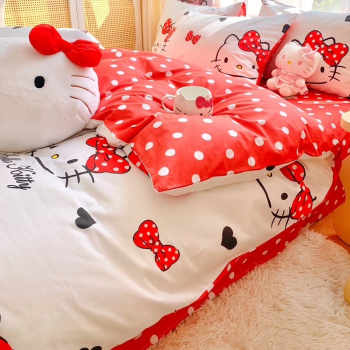 91家纺网 家纺一手货源 找家纺 朵希曼2025新款全棉三丽鸥卡通印花系列四件套 波点凯蒂