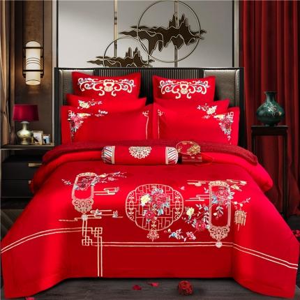 91家纺网 家纺一手货源 找家纺 2025新120S全棉刺绣贡缎提花婚庆四件套多件套 连理交枝