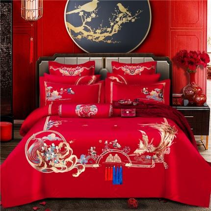 91家纺网 家纺一手货源 找家纺 2025新120S全棉刺绣贡缎提花婚庆四件套多件套 良缘夙缔