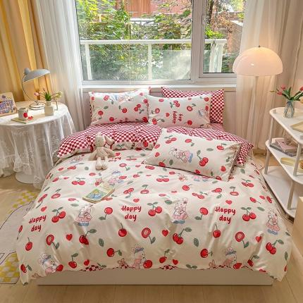 91家纺网 家纺一手货源 找家纺 金丝鸟 2023春夏新品舒适全棉斜纹四件套 樱桃小兔