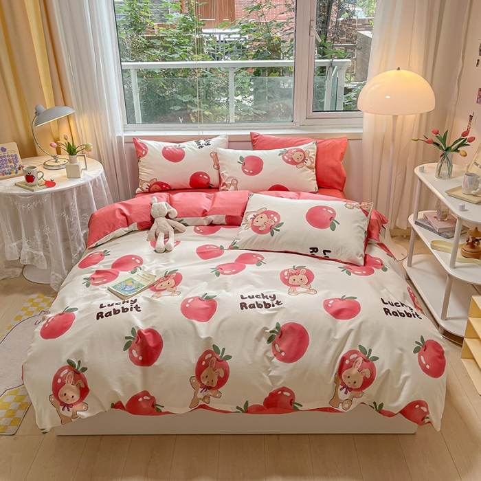 91家纺网 家纺一手货源 找家纺 金丝鸟 2023春夏新品舒适全棉斜纹四件套 苹果小可爱