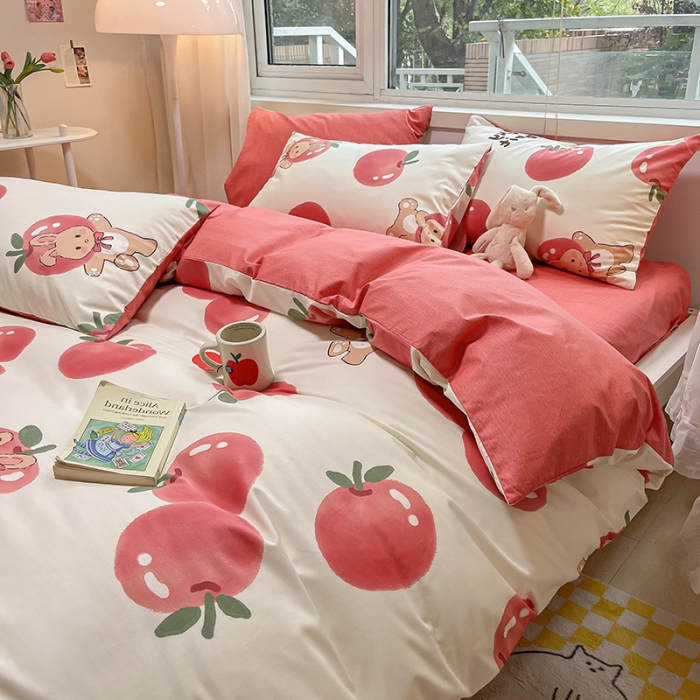 91家纺网 家纺一手货源 找家纺 金丝鸟 2023春夏新品舒适全棉斜纹四件套 苹果小可爱