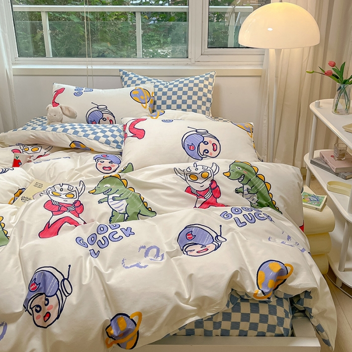 91家纺网 家纺一手货源 找家纺 金丝鸟 2023春夏新品舒适全棉斜纹四件套 幸运恐龙