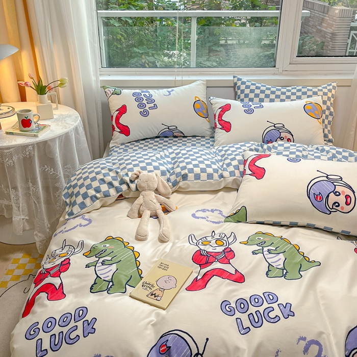 91家纺网 家纺一手货源 找家纺 金丝鸟 2023春夏新品舒适全棉斜纹四件套 幸运恐龙