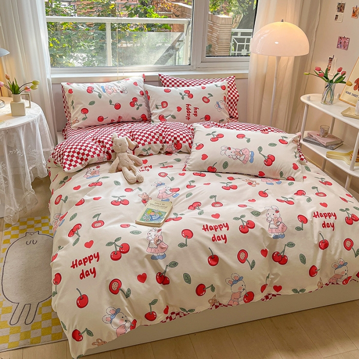 91家纺网 家纺一手货源 找家纺 金丝鸟 2023春夏新品舒适全棉斜纹四件套 樱桃小兔