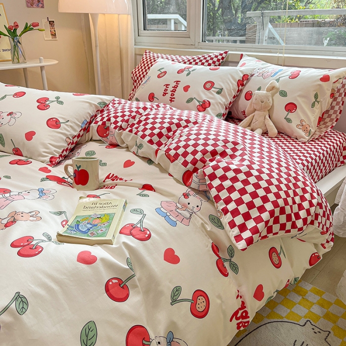 91家纺网 家纺一手货源 找家纺 金丝鸟 2023春夏新品舒适全棉斜纹四件套 樱桃小兔