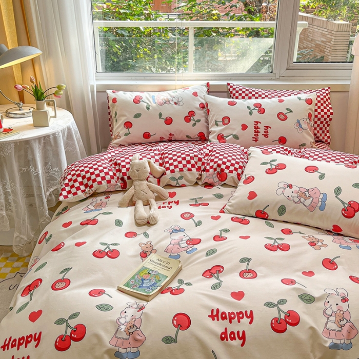 91家纺网 家纺一手货源 找家纺 金丝鸟 2023春夏新品舒适全棉斜纹四件套 樱桃小兔