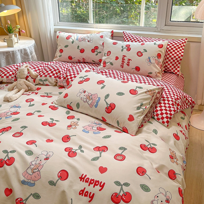 91家纺网 家纺一手货源 找家纺 金丝鸟 2023春夏新品舒适全棉斜纹四件套 樱桃小兔