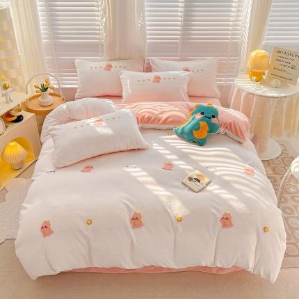 寐居2022新款毛巾绣牛奶绒单被套 萌宠恐龙-粉白