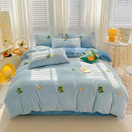 寐居2022新款毛巾绣牛奶绒单被套 萌宠恐龙-蓝