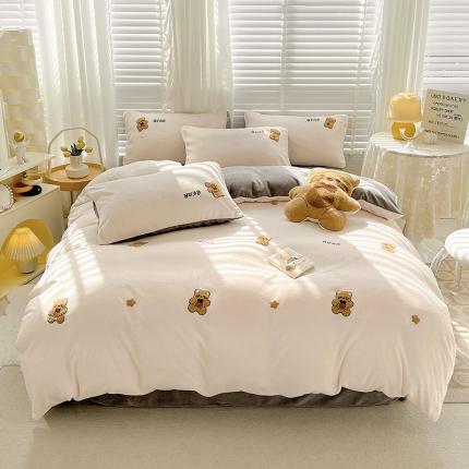寐居2022新款毛巾绣牛奶绒单被套 萌萌熊-米白