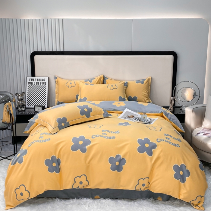 91家纺网 家纺一手货源 找家纺 金纱玉纺 2022新款印花加厚磨毛四件套花蜜-黄