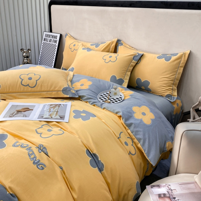 91家纺网 家纺一手货源 找家纺 金纱玉纺 2022新款印花加厚磨毛四件套花蜜-黄