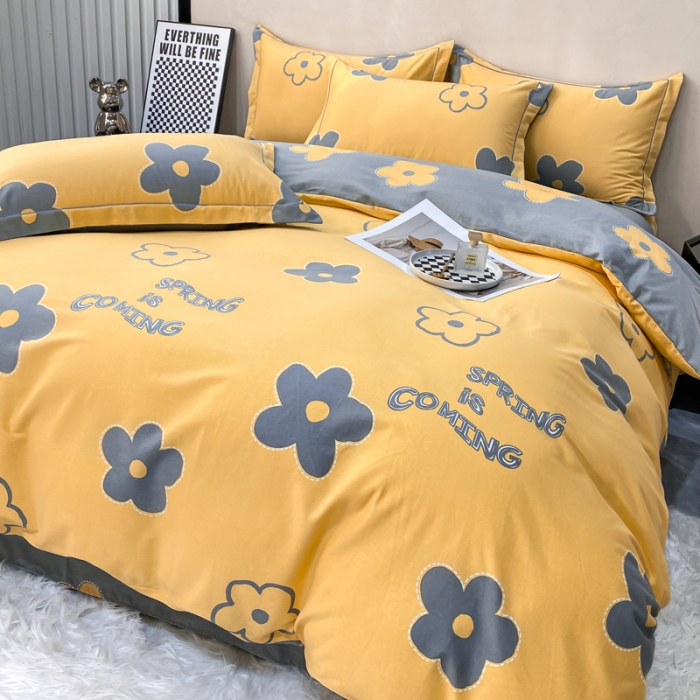 91家纺网 家纺一手货源 找家纺 金纱玉纺 2022新款印花加厚磨毛四件套花蜜-黄