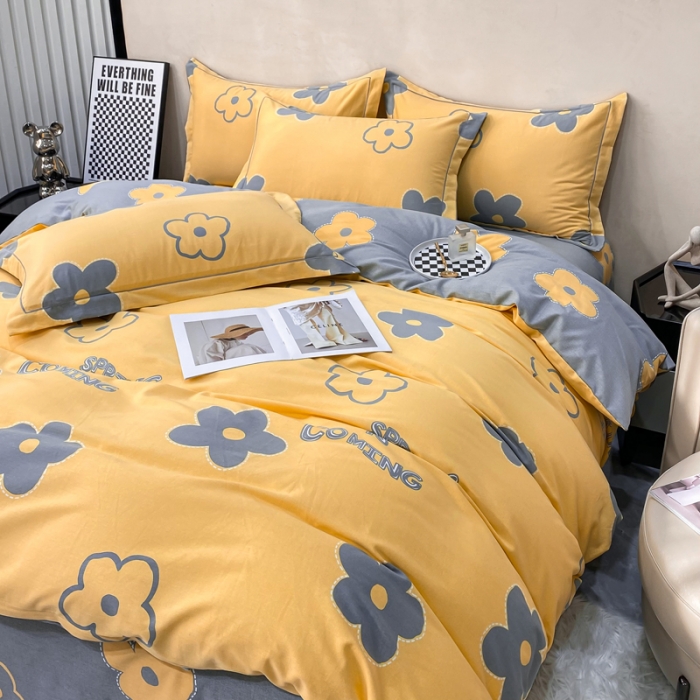 91家纺网 家纺一手货源 找家纺 金纱玉纺 2022新款印花加厚磨毛四件套花蜜-黄