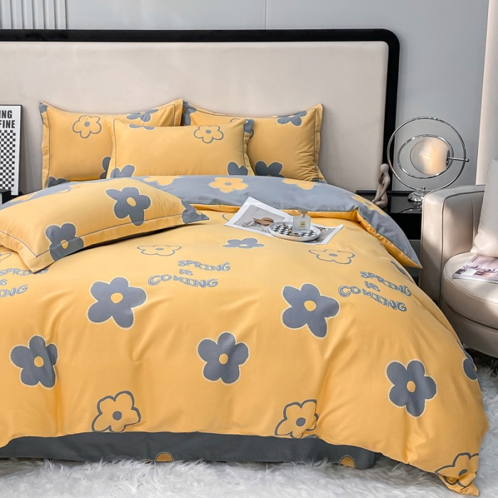 91家纺网 家纺一手货源 找家纺 金纱玉纺 2022新款印花加厚磨毛四件套花蜜-黄