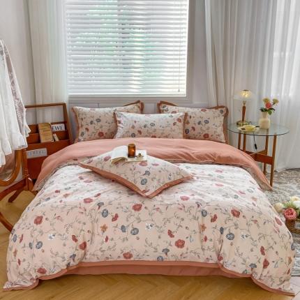 91家纺网 家纺一手货源 找家纺 艺玲 2023新款A类双层纱水洗棉四件套 夕颜花粉