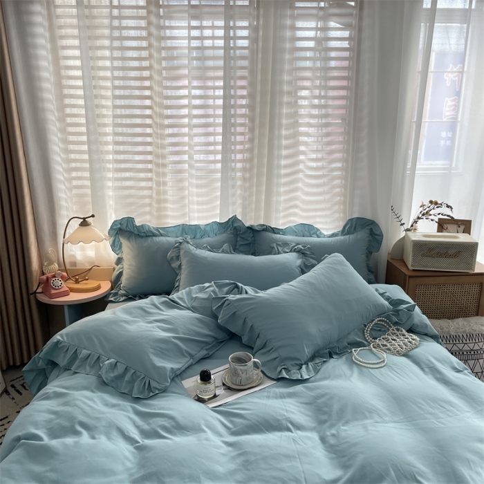 91家纺网 家纺一手货源 找家纺 小主驾到 2023新款公主风水洗棉四件套-花半里系列 花半里 豆绿