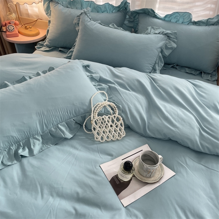 91家纺网 家纺一手货源 找家纺 小主驾到 2023新款公主风水洗棉四件套-花半里系列 花半里 豆绿