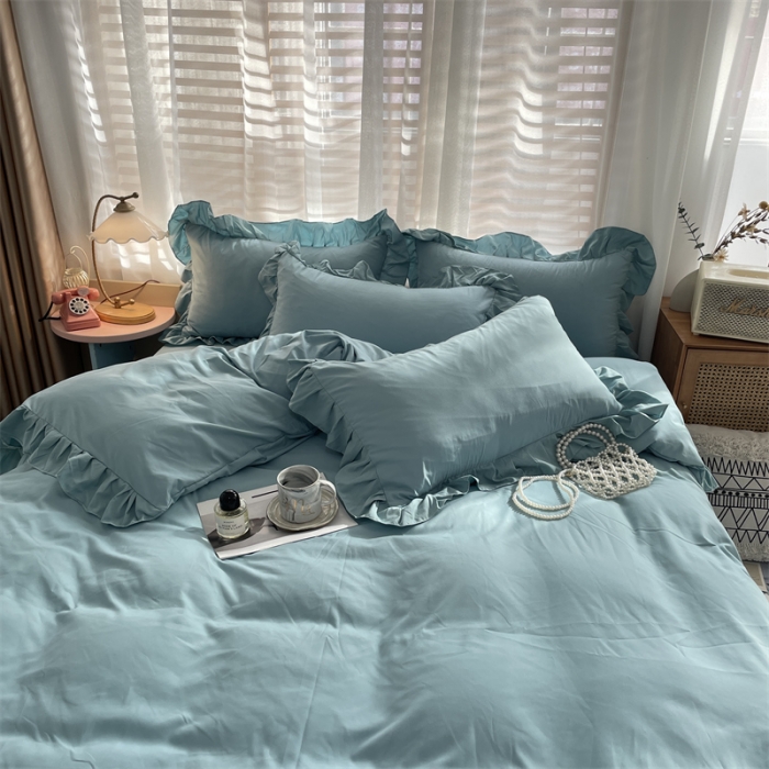 91家纺网 家纺一手货源 找家纺 小主驾到 2023新款公主风水洗棉四件套-花半里系列 花半里 豆绿