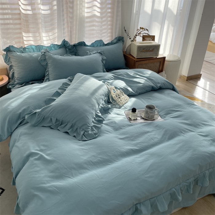 91家纺网 家纺一手货源 找家纺 小主驾到 2023新款公主风水洗棉四件套-花半里系列 花半里 豆绿