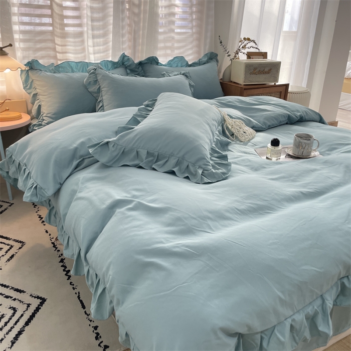 91家纺网 家纺一手货源 找家纺 小主驾到 2023新款公主风水洗棉四件套-花半里系列 花半里 豆绿