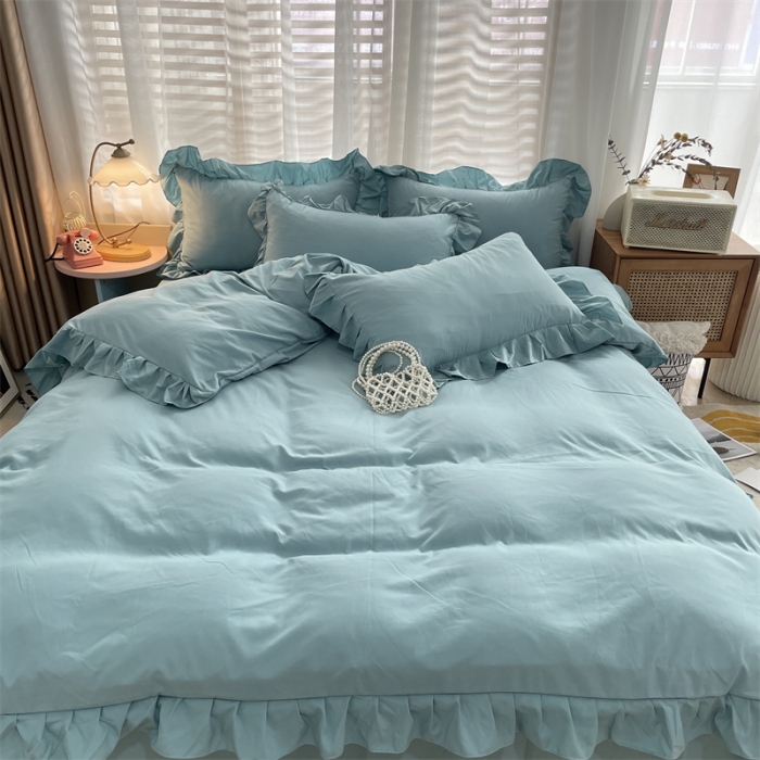 91家纺网 家纺一手货源 找家纺 小主驾到 2023新款公主风水洗棉四件套-花半里系列 花半里 豆绿