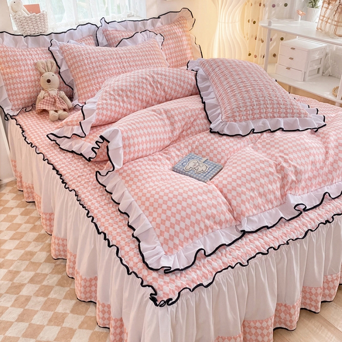 91家纺网 家纺一手货源 找家纺 金盛皇朝2025新款加厚亲肤床裙夹棉单件三件套四件套 菱形格