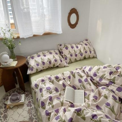 91家纺网 家纺一手货源 找家纺 总 恋恋三季 2024新款全棉复古撞色碎花四件套-ins郁紫