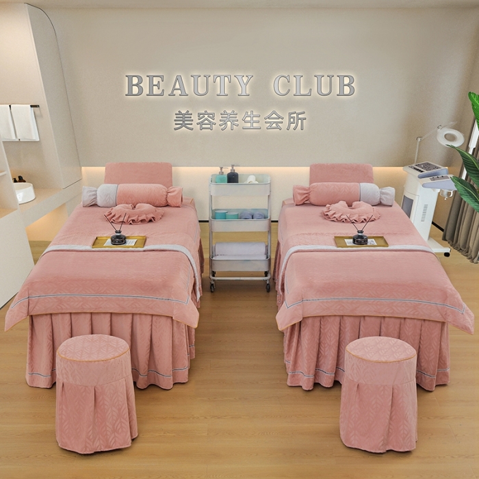 91家纺网 家纺一手货源 找家纺 莉人坊 2023时尚典雅裙摆3D压花德绒美容床罩 时尚典雅-粉色德绒