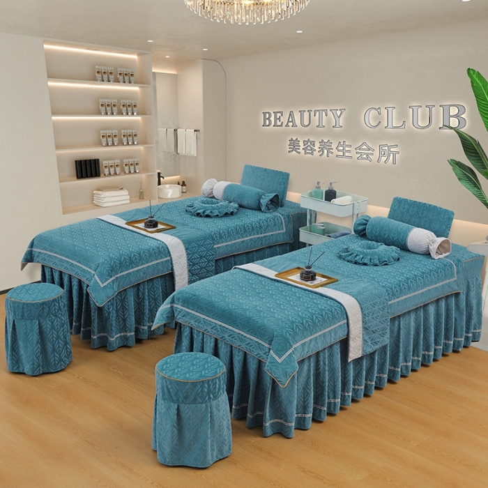 91家纺网 家纺一手货源 找家纺 莉人坊 2023时尚典雅裙摆3D压花德绒美容床罩 时尚典雅-湖蓝德绒