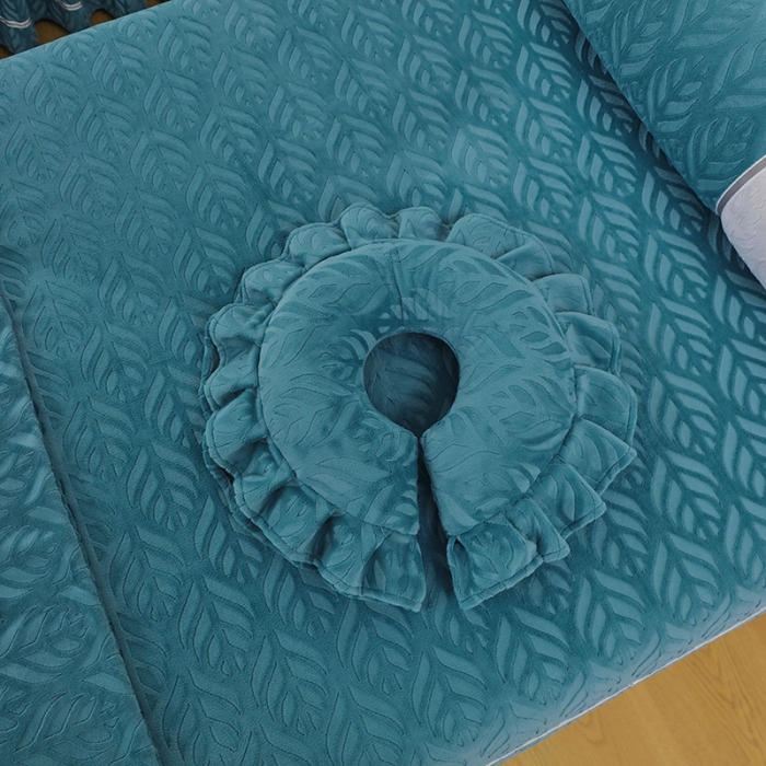 91家纺网 家纺一手货源 找家纺 莉人坊 2023时尚典雅裙摆3D压花德绒美容床罩 时尚典雅-湖蓝德绒